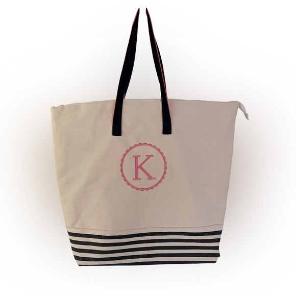 Kirklands Handbags - Kirklands Monagram K Tote Bag - 20x18x6 drop 8 , cream , pink , black striped